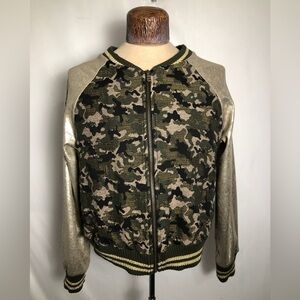Womens Green Camouflage &amp; Gold Arms Jacket. Size Large.
